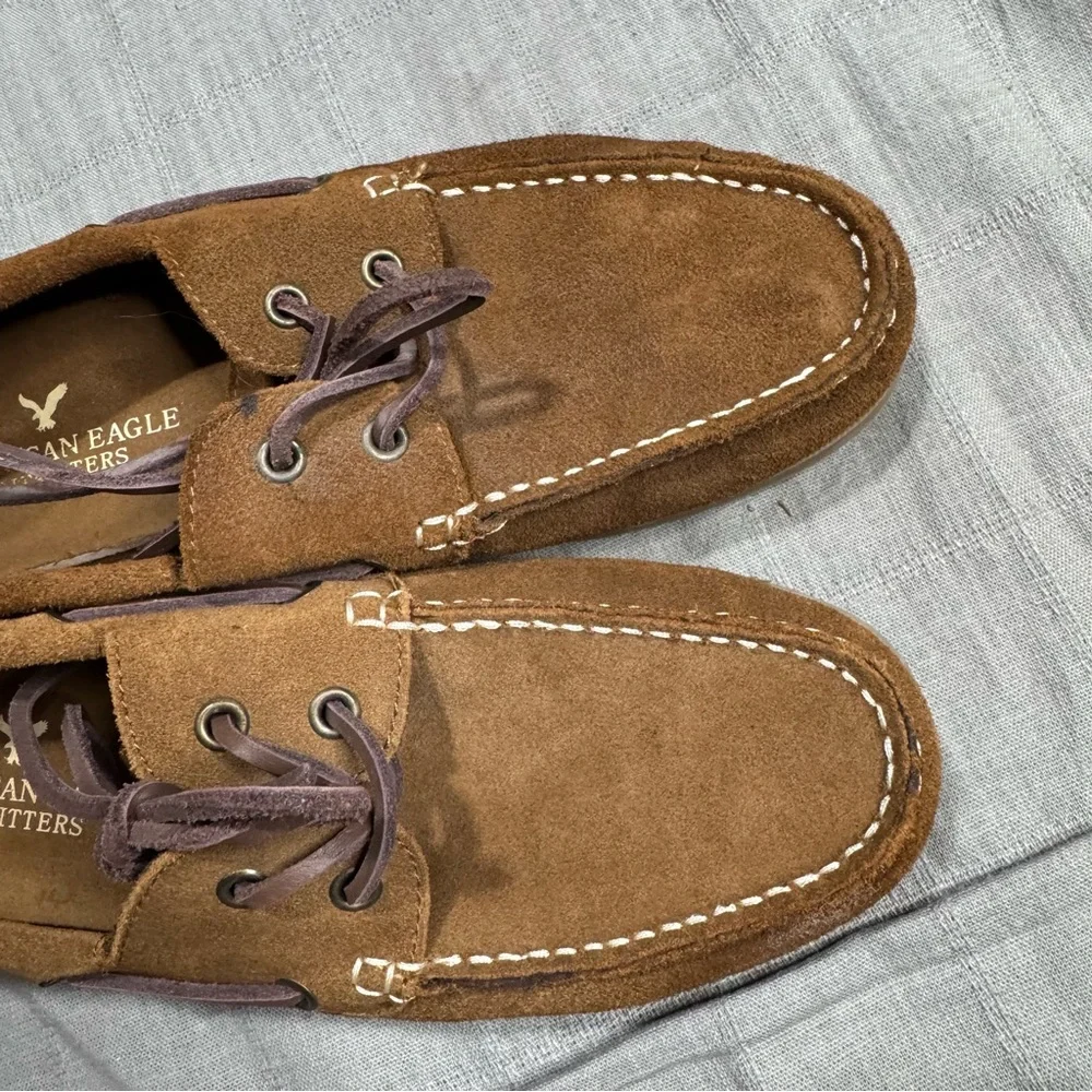 American Eagle Men’s Suede Boat Shoes Brown Leather Lace Moc Toe Loafers Sz 8